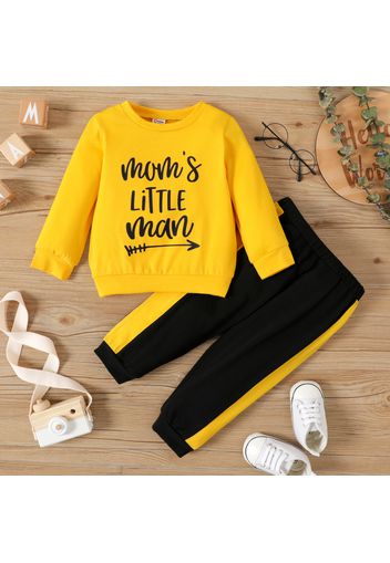 2pcs Baby Boy Letter Print Yellow Long-sleeve Sweatshirt and Colorblock Sweatpants Set