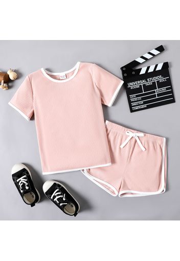 2-piece Kid Girl Short-sleeve Ribbed Tee and Bowknot Design Dolphin Shorts Set