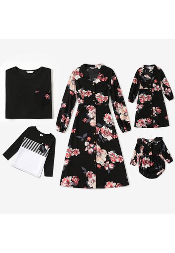 Family Matching Floral Print Black Lapel V Neck Button Long-sleeve Dresses and T-shirts Sets