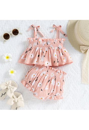 2pcs Baby Girl All Over Daisy Floral Print Spaghetti Strap Shirred Top and Shorts Set