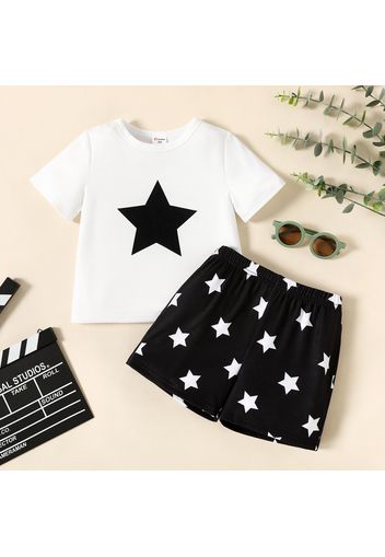 2-piece Toddler Boy Stars Print Short-sleeve White Tee and Elasticized Black Shorts Set