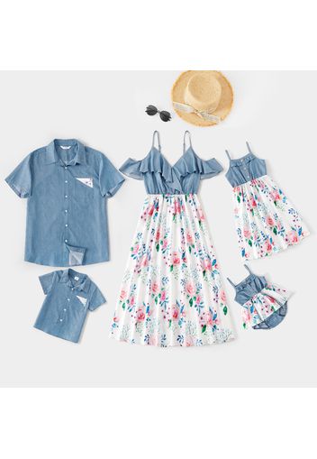 Floral Print Blue Denim Splice Family Matching Sets