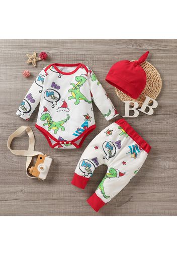 Christmas 3pcs Baby All Over Cartoon Dinosaur Print Long-sleeve Waffle Romper and Trousers Set