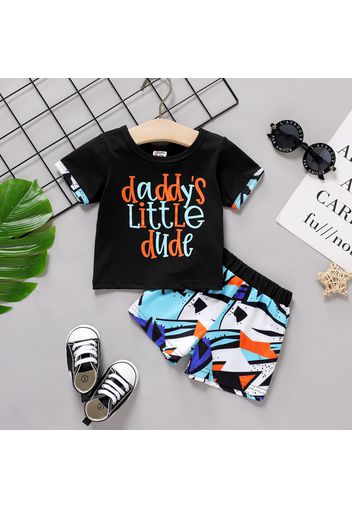 2pcs Baby Boy Short-sleeve Letter Print Tee and Geometric Shorts Set