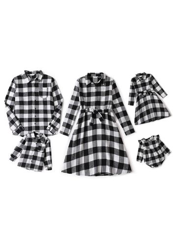 Red and Black Plaid Print Family Matching Sets（Lapel Long-sleeve Belted Dresses and Shirts）