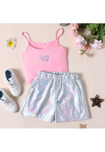 2pcs Kid Girl Butterfly Print Pink Camisole and Metallic Silver Shorts Set