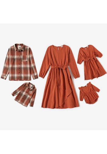 Family Matching Coral Long-sleeve Belted Dresses and Plaid Shirts Sets