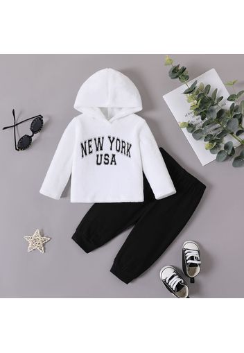 2pcs Baby Boy 95% Cotton Sweatpants and Letter Embroidered Long-sleeve Fuzzy Hoodie Set