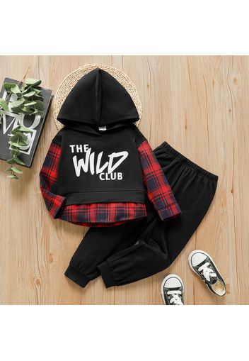 2pcs Toddler Boy Faux-two Letter Print Plaid Splice Hoodie Sweatshirt and Black Pants Set