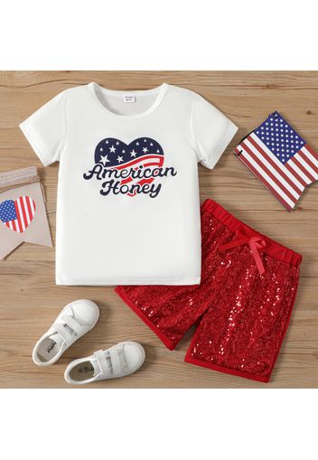 Independence Day 2ps Kid Girl Heart Print Short-sleeve White Tee and Bowknot Sequined Red Shorts Set