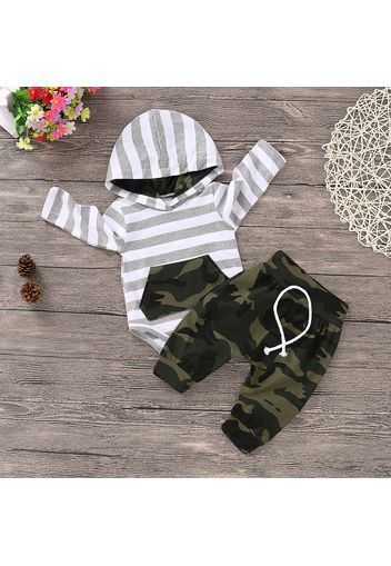 2pcs Stripe and Camouflage Print Hooded Long-sleeve Baby Set