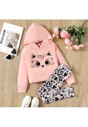 2pcs Kid Girl Animal Cat Print Hooded Pink Sweatshirt and Heart Print Leggings Set