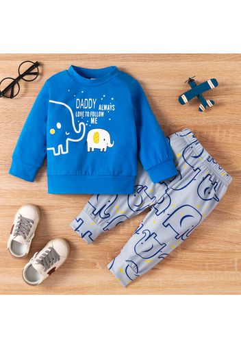 2pcs Baby Boy Cartoon Elephant and Letter Print Long-sleeve Sweatshirt with Trousers Set