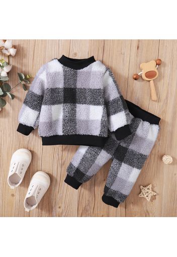 2-piece Baby Boy Plaid Fuzzy Flocked Sweatshirt and Pants Set