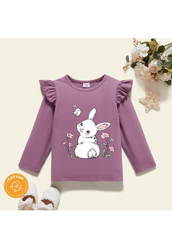 Toddler Graphic Rabbit and Floral and Bird Print Ruffled Long-sleeve Tee