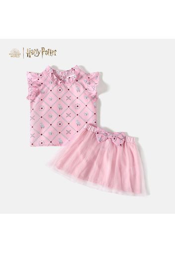 Harry Potter 2-piece Toddler Girl Animal Ruffle Collar Letter Print Flutter-sleeve Tee and Bowknot Design Mesh Skirt Set