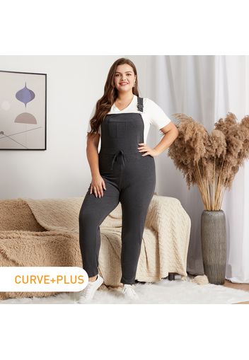 Women Plus Size Sporty Bowknot Design Dark Grey Overalls with Pocket