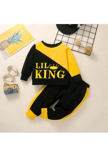 2pcs Baby Boy 95% Cotton Long-sleeve Crown & Letter Print Colorblock Sweatshirt and Joggers Pants Set