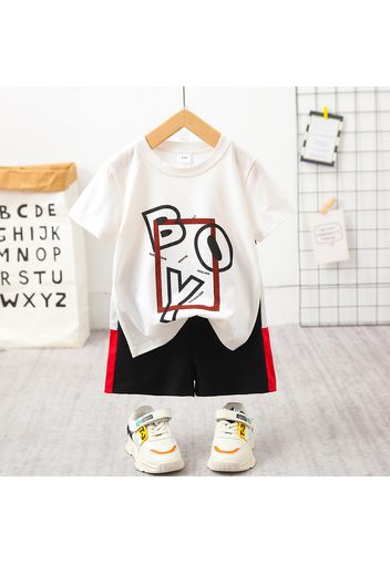 2pcs Toddler Boy Casual Letter Print White Tee & Colorblock Shorts Set