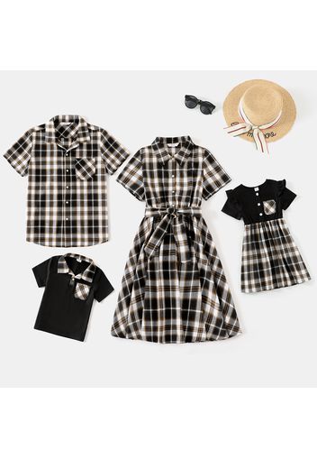 Family Matching Black Plaid Button Down Belted Long-sleeve Shirt Dresses and Tops Sets