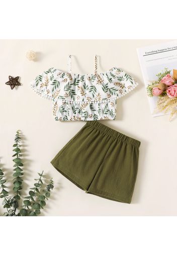 2pcs Toddler Girl Floral Print Tasseled Flounce Off Shoulder Camisole and Green Shorts Set