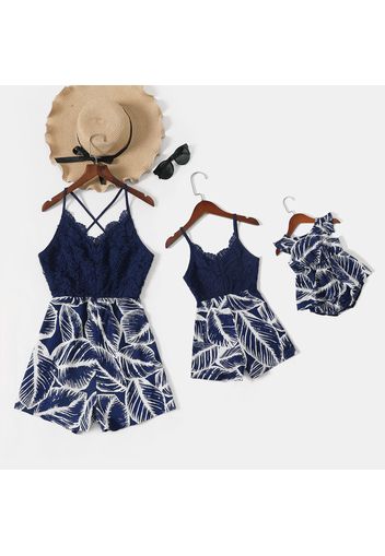 Dark Blue Spaghetti Strap Lace Splicing All Over Palm Leaf Print Romper for Mom and Me