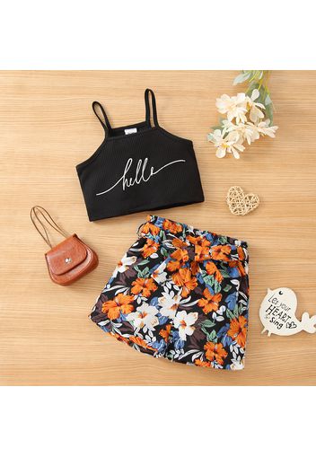 2pcs Toddler Girl Letter Print Ribbed Black Camisole and Belted Floral Print Shorts Set