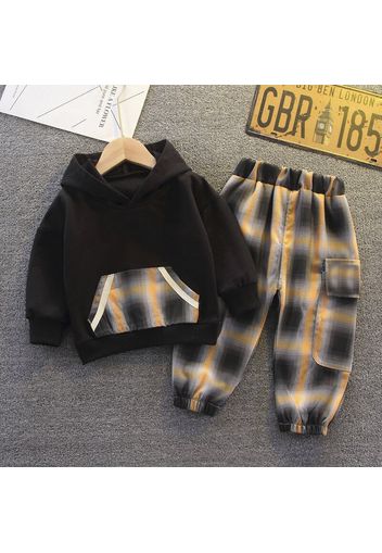 2-piece Toddler Boy Pocket Hoodie Sweatshirt and Plaid Pants Set