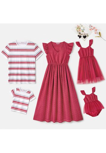 Family Matching 100% Cotton Solid Eyelet Textured Flutter-sleeve Dresses and Striped Short-sleeve T-shirts Sets