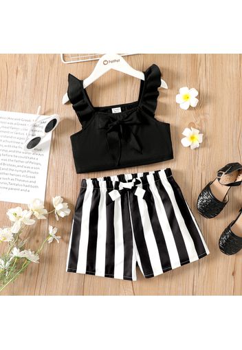 2pcs Kid Girl Bowknot Design Ruffled Black Camisole and Stripe Shorts set