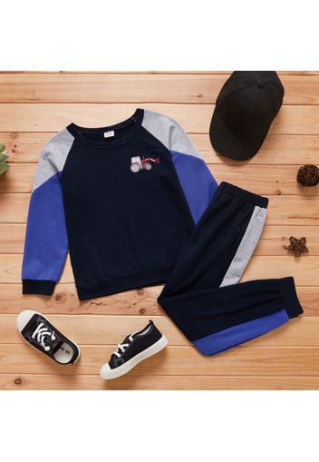 2-piece Kid Boy Vehicle Embroidery Colorblock Long-sleeve Top and Elasticized Pants Sporty Set