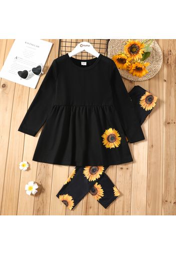 2-piece Kid Girl Floral Sunflower Print Long-sleeve Black Top and Leggings Set