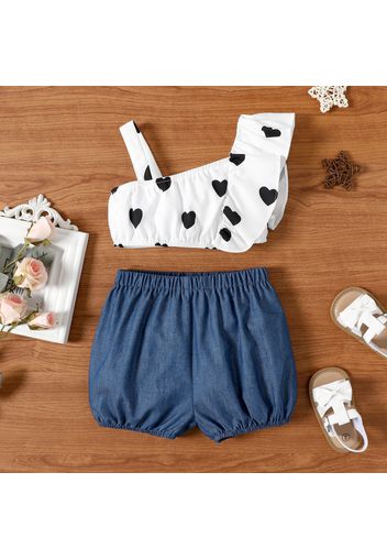 2pcs Baby Girl Love Heart Print One Shoulder Sleeveless Ruffle Crop Top and Solid Shorts Set