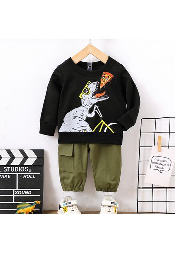 100% Cotton 2pcs Baby Boy Long-sleeve Dinosaur Print Sweatshirt and Cargo Pants Set