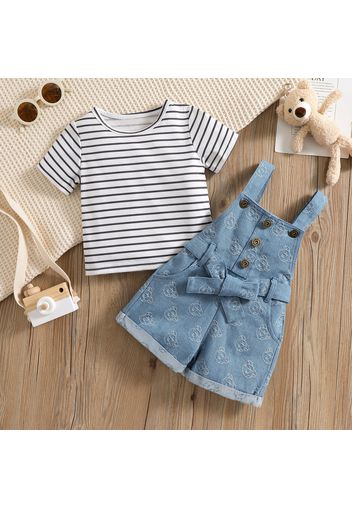 2pcs Baby Boy/Girl Striped Short-sleeve Top and Bear Print Denim Overalls Shorts Set