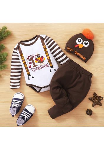 Baby 3pcs Thanksgiving Cartoon Turkey Stripe Print Long-sleeve Romper Set