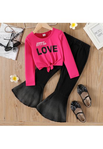 2pcs Kid Girl Letter Print Tie Knot Long-sleeve Tee and Black Flared Denim Jeans Set