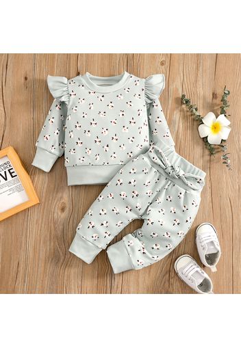 2pcs Baby Girl All Over Floral Print Ribbed Ruffle Long-sleeve Pullover and Trousers Set