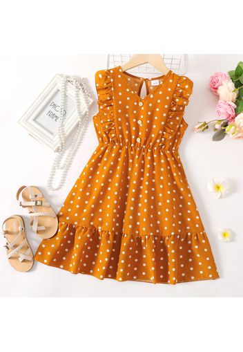 Kid Girl Polka dots Ruffled Button Design Sleeveless Dress