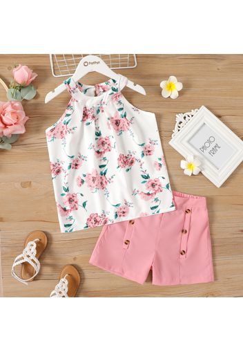 2-piece Kid Girl Floral Print Halter Tee and Button Design Pink Shorts Set