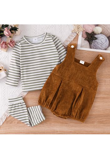 3pcs Baby Girl Striped Long-sleeve T-shirt and Solid Corduroy Overall Shorts Set