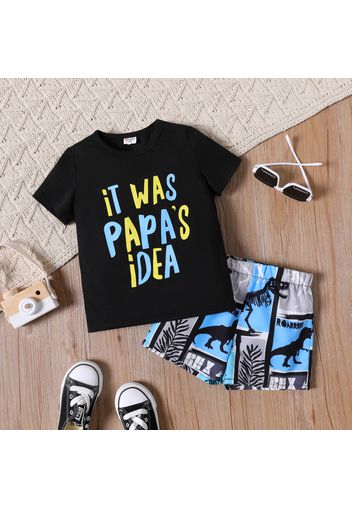 2pcs Toddler Boy Letter Print Short-sleeve Black Tee and Dinosaur Print Colorblock Shorts Set