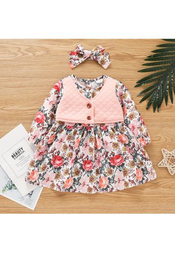 2pcs Baby All Over Floral Print Long-sleeve Faux-two Dress Set