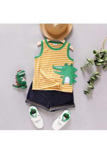 2pcs Toddler Boy Dinosaur Print Stripe Tank Top and Denim Color Shorts Set