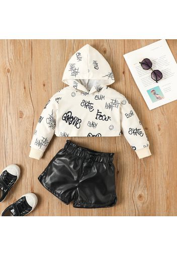 2pcs Toddler Girl Letter Print Hooded Sweatshirt and Faux Leather Black Shorts Set