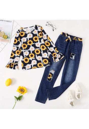 2-piece Kid Girl Floral Print Layered Sleeve Top and Patchwork Belted Denim Jeans Set