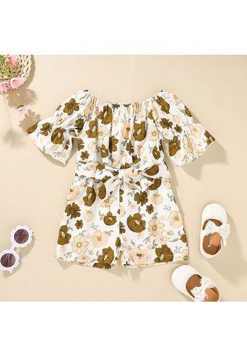 Toddler Girl Floral Print Bowknot Off Shoulder Jumpsuit