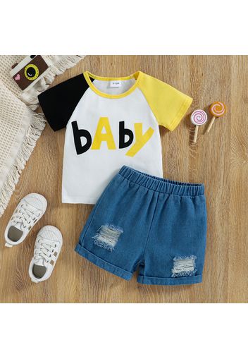 100% Cotton 2pcs Baby Boy/Girl Letter Print Colorblock Raglan-sleeve T-shirt and Ripped Denim Shorts