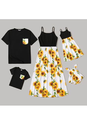 Family Matching Solid Spaghetti Strap Splicing Sunflower Floral Print Dresses and Short-sleeve T-shirts Sets