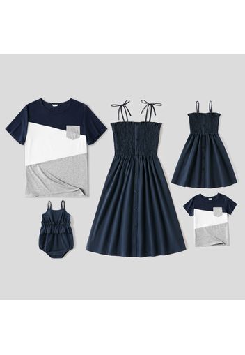 Family Matching Dark Blue Sleeveless Spaghetti Strap Shirred Dresses and Colorblock Short-sleeve T-shirts Sets